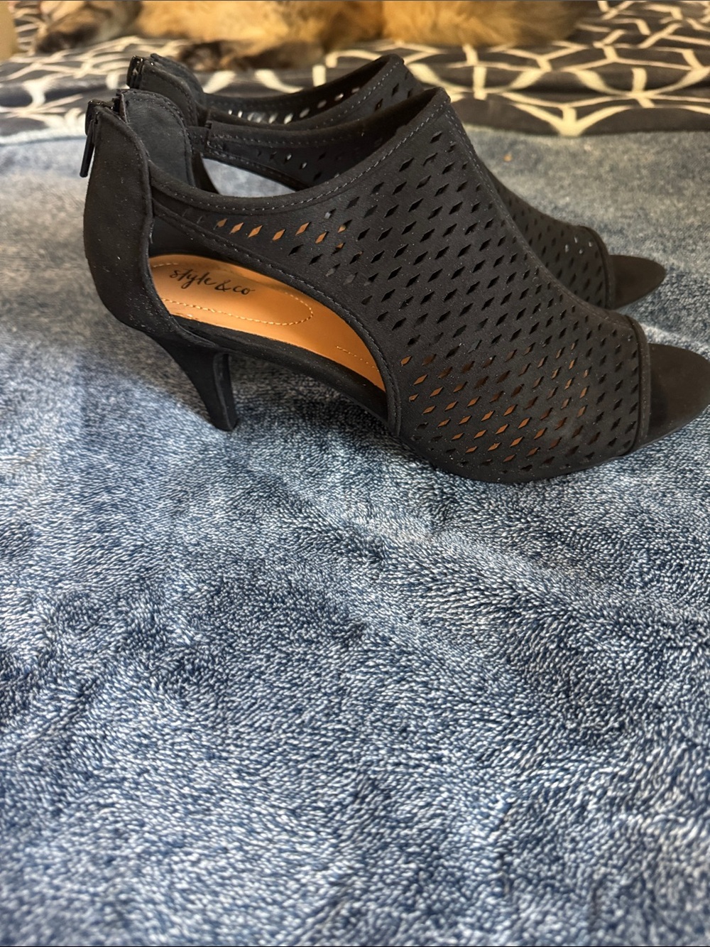 Style & Co. Black Perforated Peep-Toe Bootie Heels